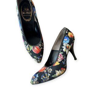 Vintage Delman Floral Heels - Black Multicolor Pumps - Size 6C
